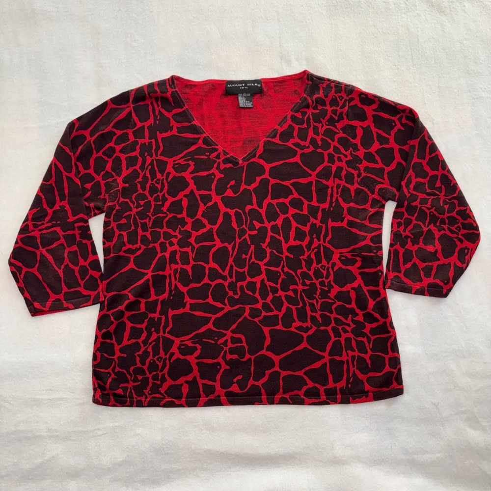 August Silk Knits Red Black Giraffe Animal Print V-Neck 100% Silk Top Large